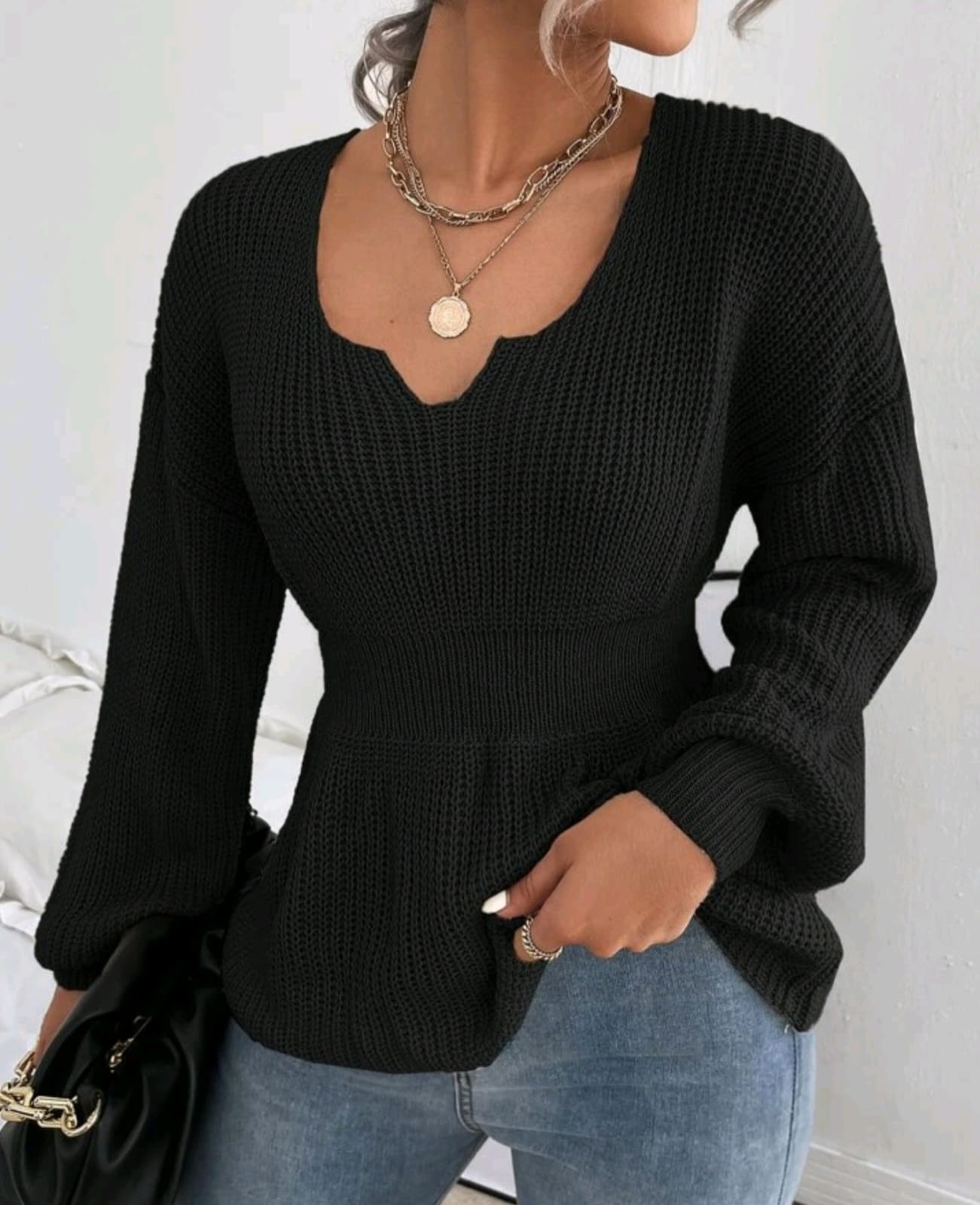 Notched Neck Bishop Sleeve Sweater
